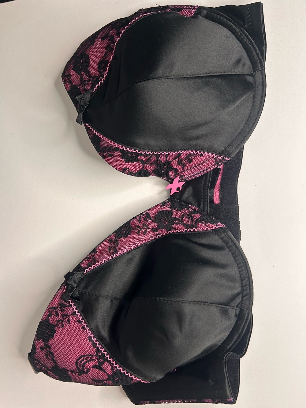 2 Frederick’s of Hollywood Push-Up Bras Black Lace with Blue/Pink Accent